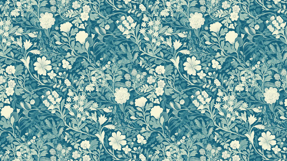 Dense Botanical Mural Wallpaper in Deep Teal and Ivory Mural Wallpaper - room preview 02