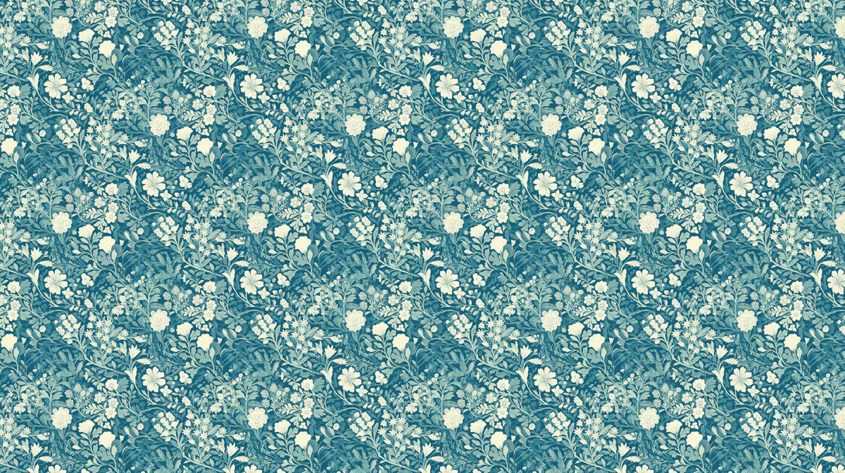 Dense Botanical Floral Mural Wallpaper in Teal and Ivory Mural Wallpaper - room preview 02