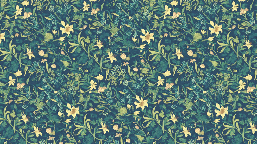 Nature Wallpaper Mural – Natural Wall Mural – Vintage Botanical Floral in Teal and Ochre printable artwork