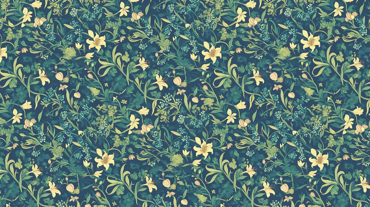 Vintage Botanical Floral Mural Wallpaper in Teal and Ochre Mural Wallpaper - room preview 02