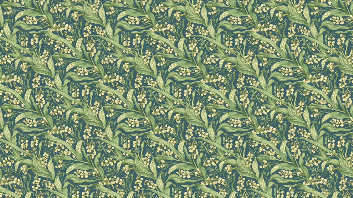 Vintage Botanical Lily of the Valley Mural Wallpaper — Deep Green Mural Wallpaper - room preview 02