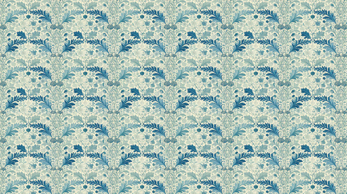 Blue Botanical Damask Mural Wallpaper — Heritage Floral Pattern Mural Wallpaper - room preview 02