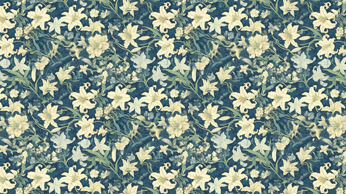Midnight Lily Botanical Mural Wallpaper — Deep Navy Floral Mural Wallpaper - room preview 02
