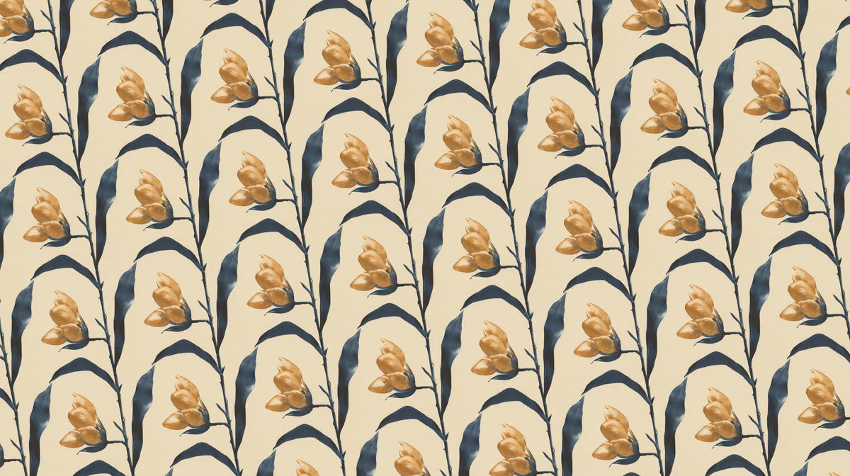 Vintage Floral Mural Wallpaper —Ochre and Charcoal Botanical Mural Wallpaper - room preview 02