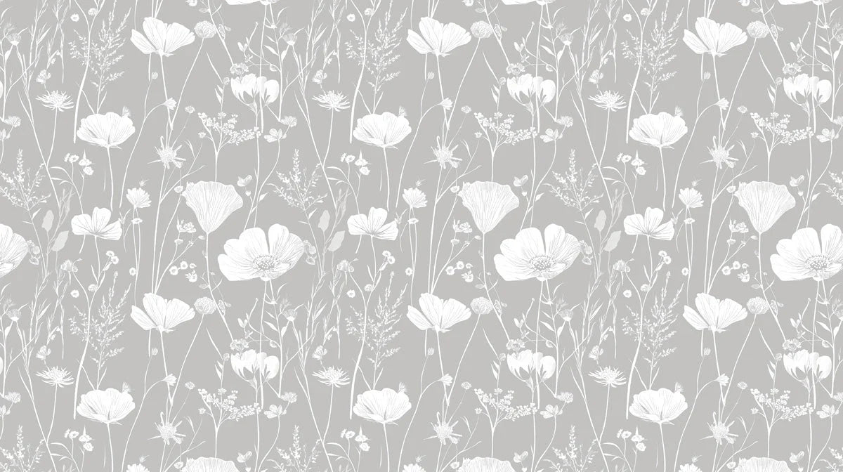 Minimalist Wildflower Meadow Mural Wallpaper — Soft Gray Botanical Mural Wallpaper - room preview 02