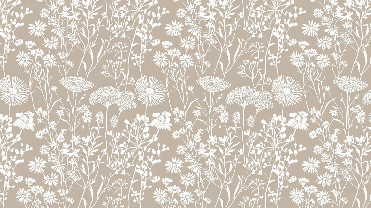 Meadow Wildflower Mural Wallpaper — Minimalist Taupe Botanical Mural Wallpaper - room preview 02