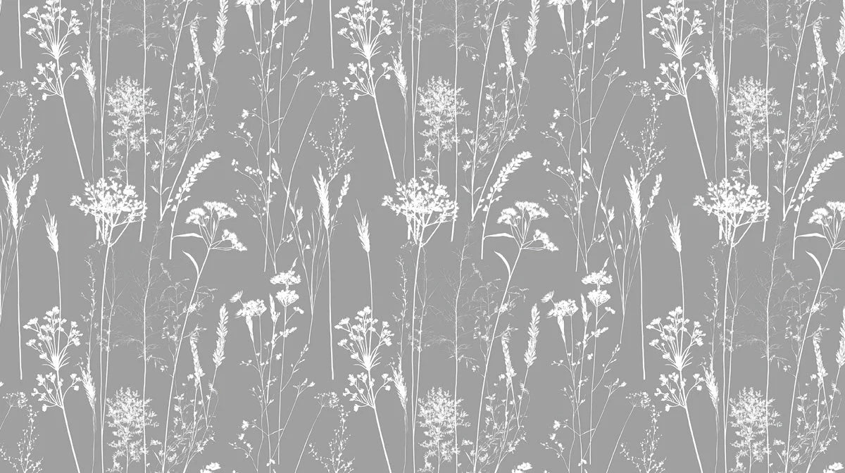 Meadow Grass Botanical Mural Wallpaper — Minimalist Gray and White Mural Wallpaper - room preview 02