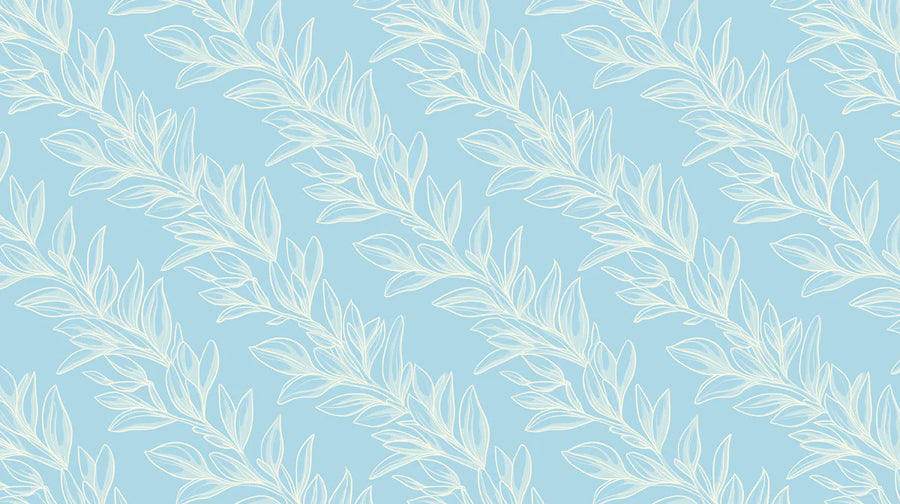 Botanical Wallpaper Mural – Leaf & Plant Wall Mural – Sky Blue Leaf Trail — Minimalist Botanical printable artwork
