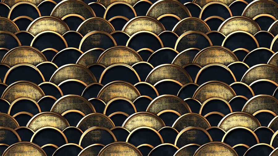 Geometric Wallpaper Mural – Pattern Wall Mural – Golden Fan Scales — Art Deco Geometric Pattern printable artwork
