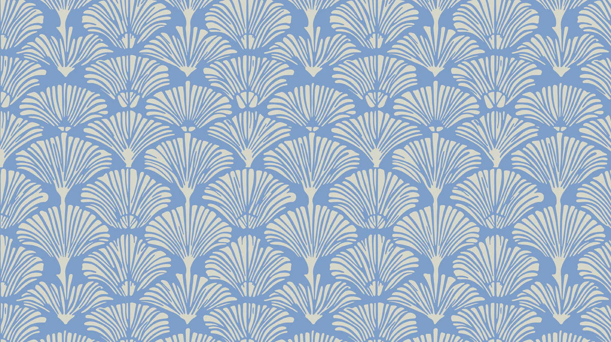 Ginkgo Fan Mural Wallpaper — Art Deco Blue and Cream Pattern Mural Wallpaper - room preview 02