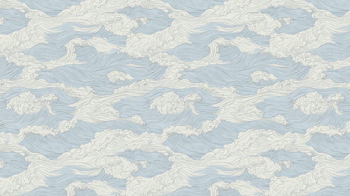 Japanese Wave Line Art Mural Wallpaper in Soft Blue and Cream Mural Wallpaper - room preview 02