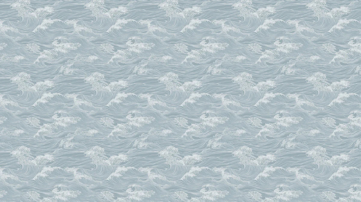 Coastal Wave Mural Wallpaper in Dusty Blue and White Mural Wallpaper - room preview 02