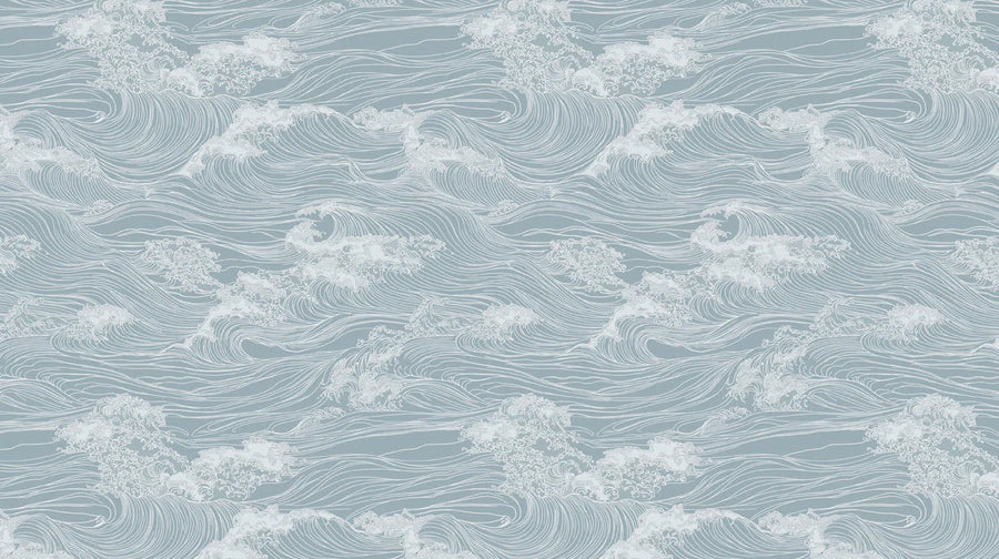Sea Wallpaper Mural – Ocean Wall Mural – Japanese Wave Line Art — Dusty Blue Ocean printable artwork