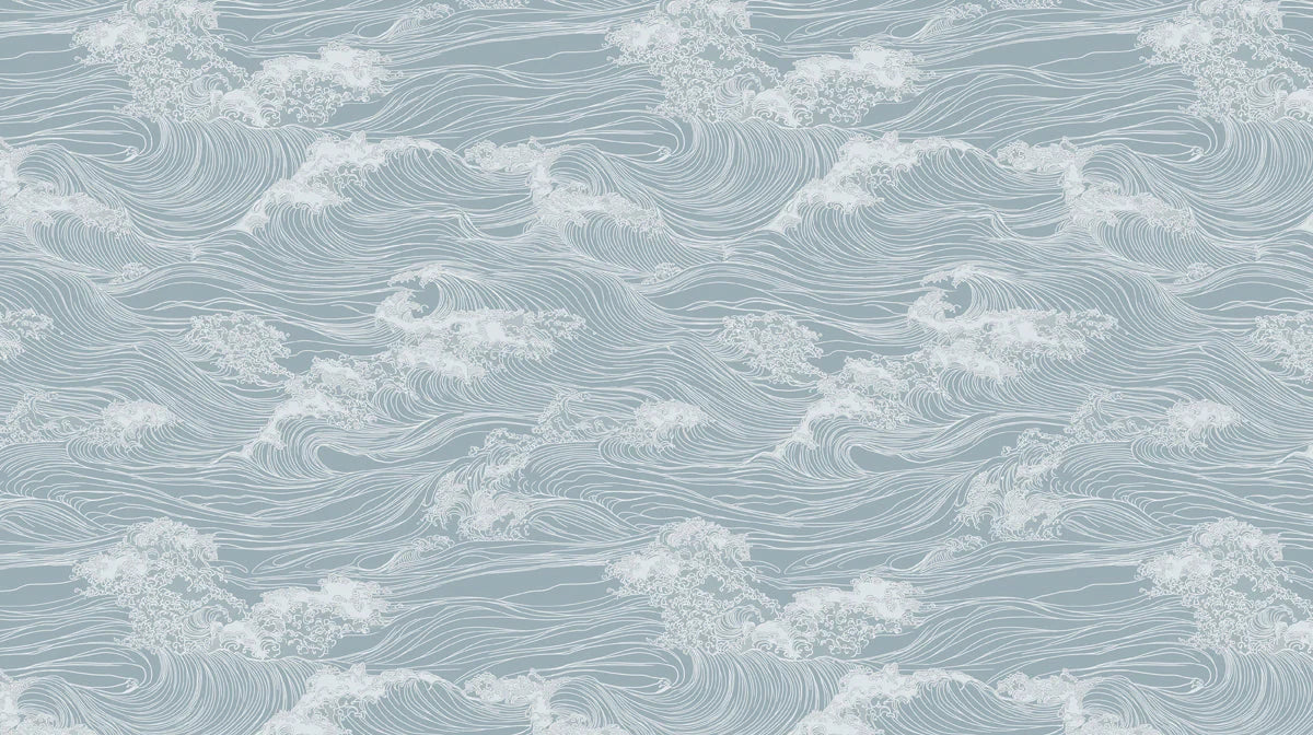 Japanese Wave Line Art Mural Wallpaper — Dusty Blue Ocean Mural Wallpaper - room preview 02