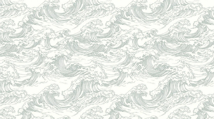 Sea Wallpaper Mural – Ocean Wall Mural – Japanese Wave Line Art — Sage on Ivory printable artwork