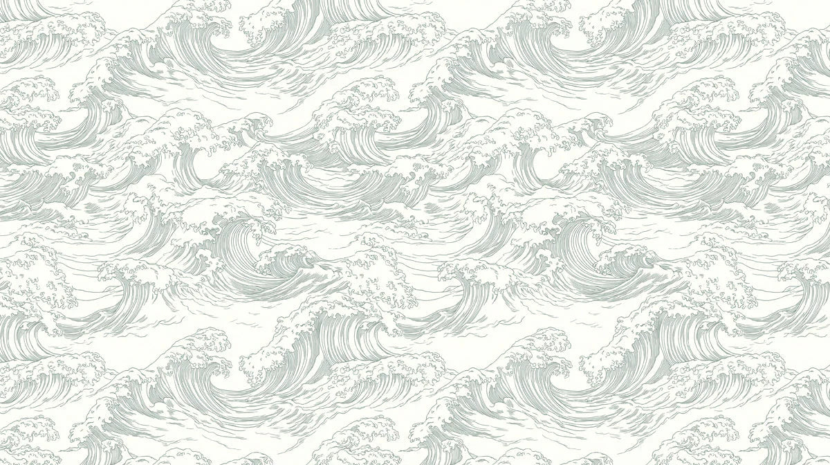 Japanese Wave Line Art Mural Wallpaper — Sage on Ivory Mural Wallpaper - room preview 02