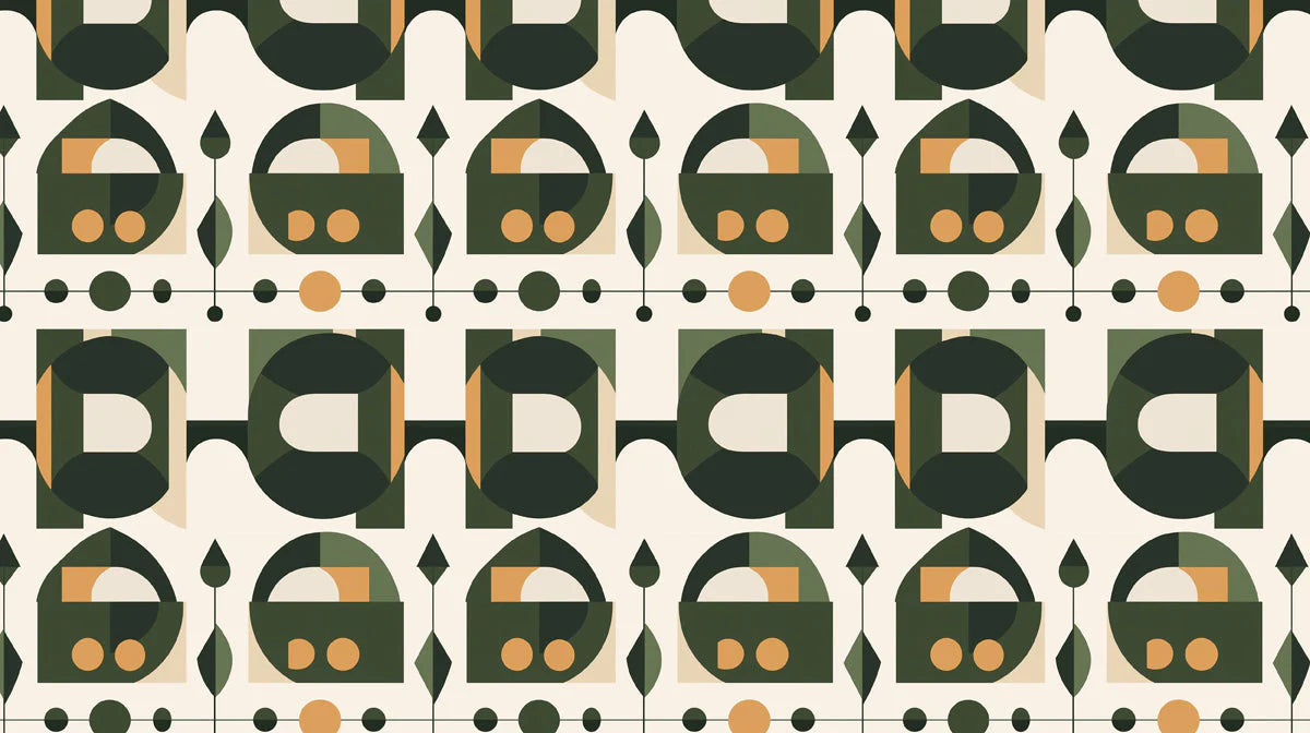 Mid-Century Geometric Mural Wallpaper — Forest Green and Ochre Mural Wallpaper - room preview 02