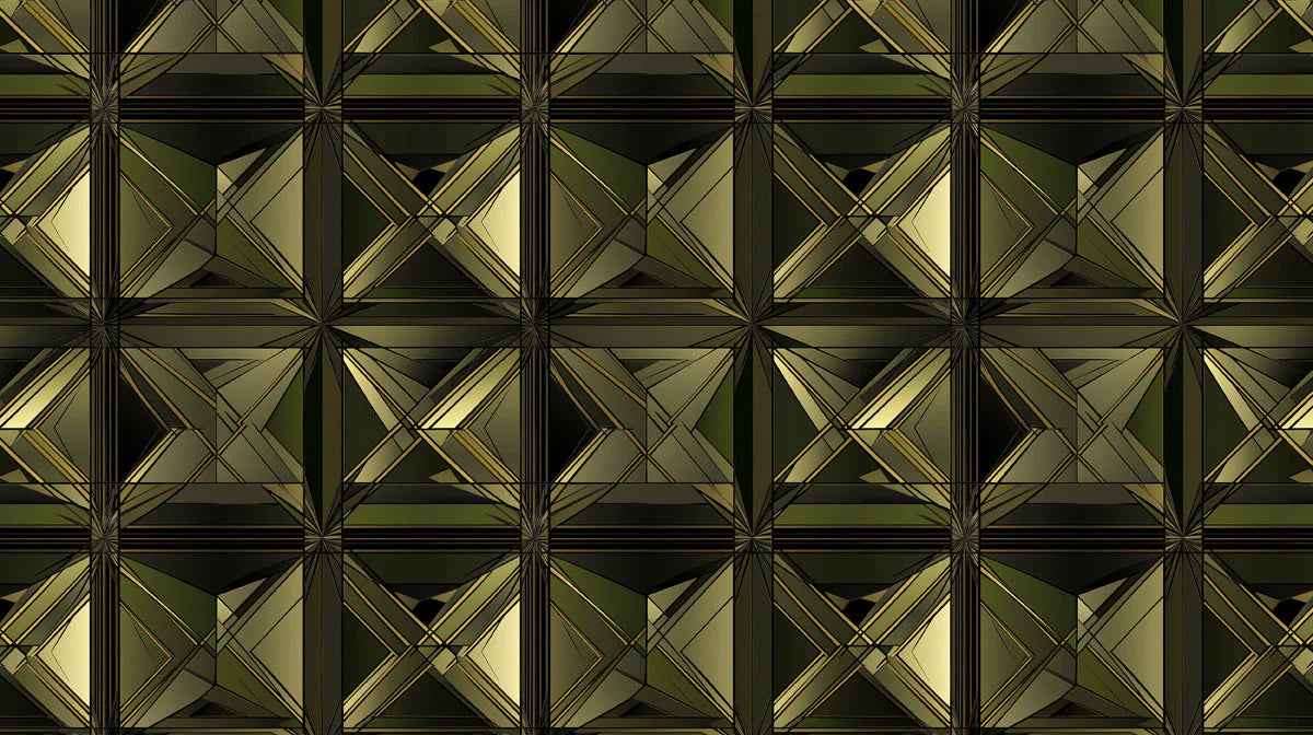 Geometric 3D Grid Mural Wallpaper in Deep Olive and Gold Mural Wallpaper - room preview 02