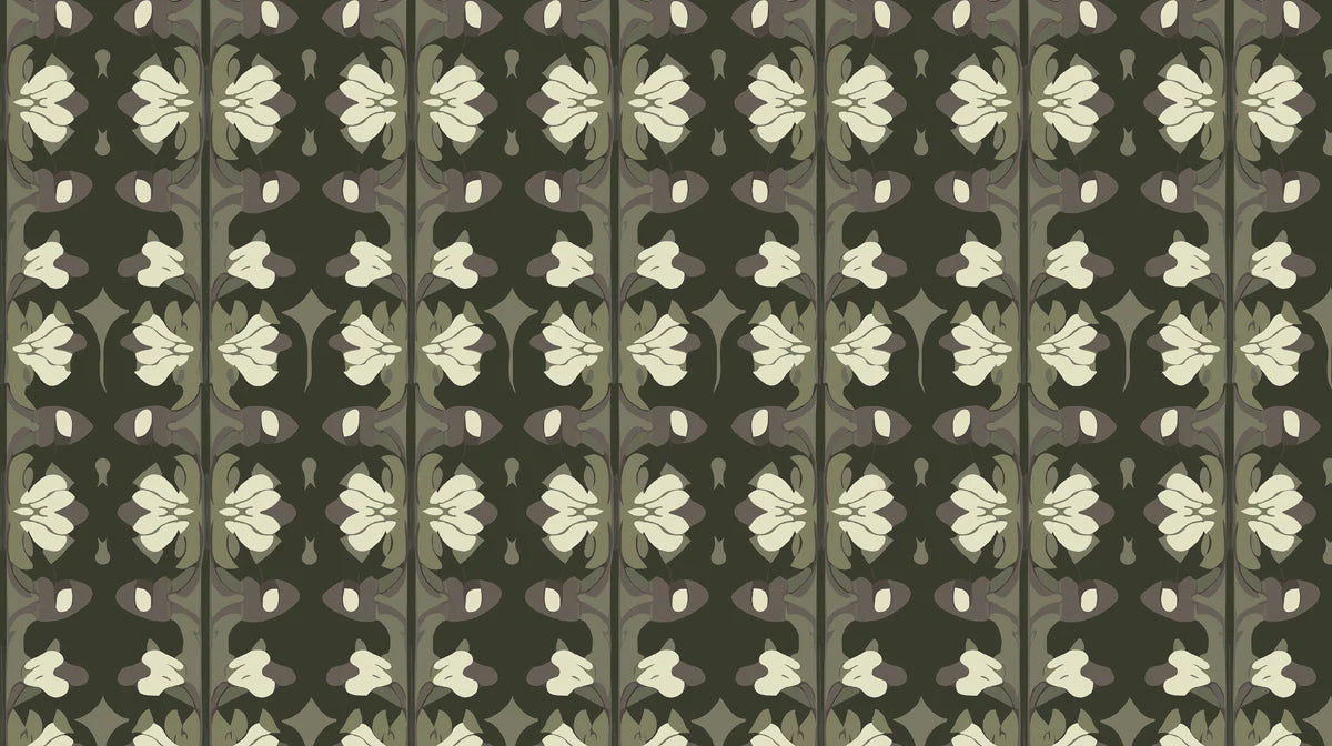 Art Nouveau Floral Mural Wallpaper — Olive and Cream Botanical Mural Wallpaper - room preview 02