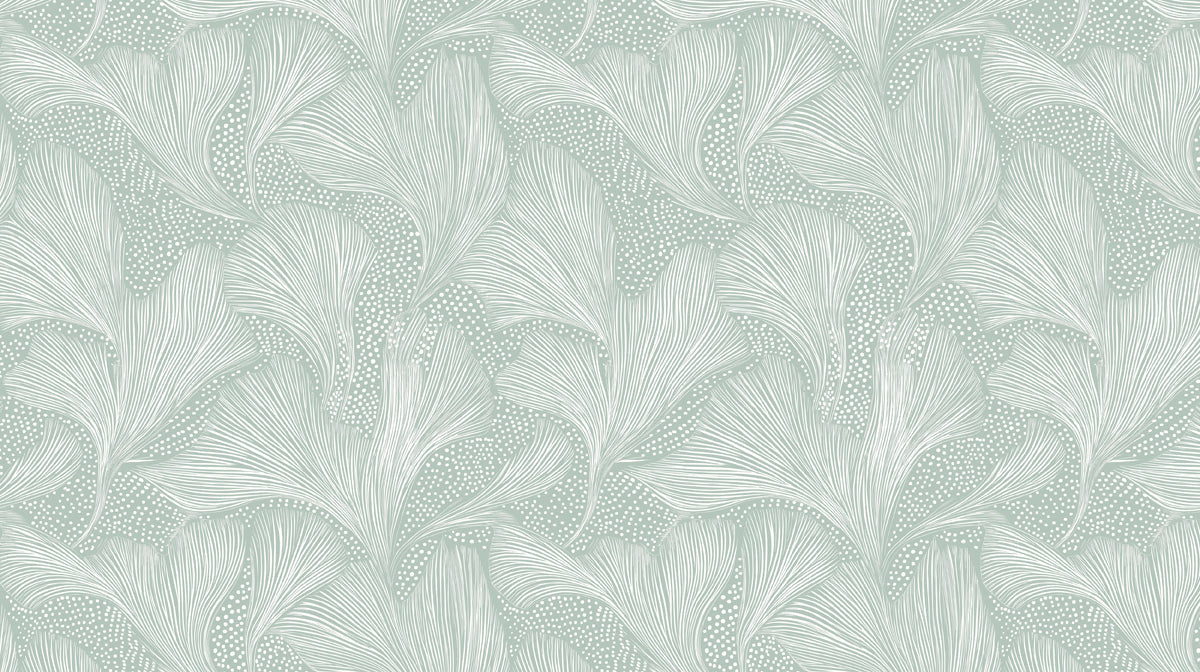 Botanical Wallpaper Mural – Leaf & Plant Wall Mural – Ginkgo Leaf Line Art — Soft Sage and White wall measurement
