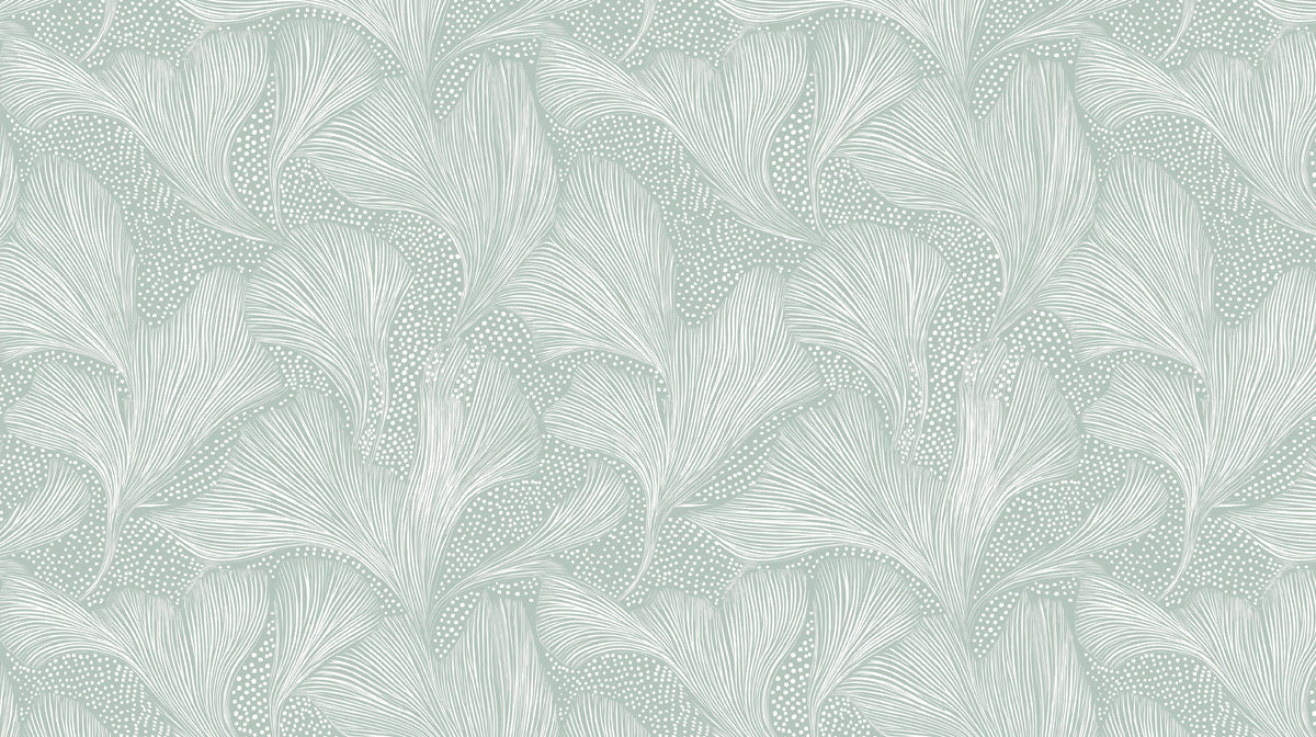 Ginkgo Leaf Line Art Mural Wallpaper — Soft Sage and White Mural Wallpaper - room preview 02