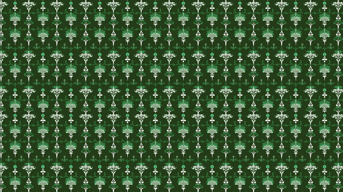 Damask Botanical Mural Wallpaper — Forest Green Traditional Print Mural Wallpaper - room preview 02