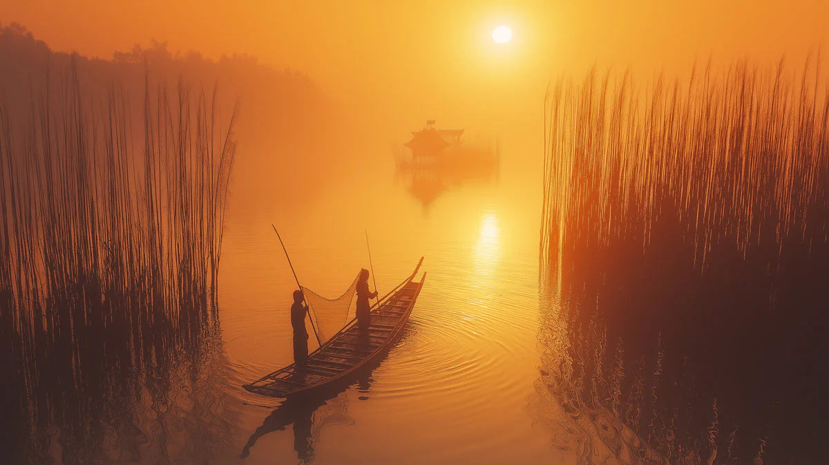 Golden Fishing Village Mural Wallpaper — Scenic Sunset Scene Mural Wallpaper - room preview 02