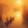 Golden Fishing Village Mural Wallpaper — Scenic Sunset Scene Mural Wallpaper - room preview 02