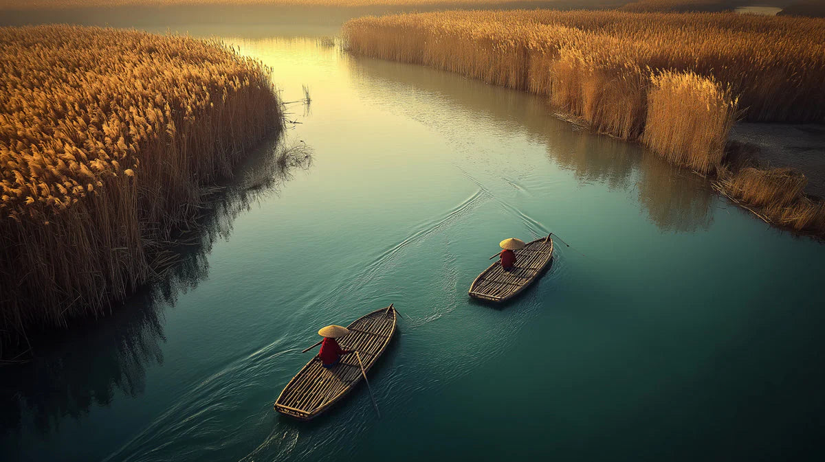 Fishermen on River Mural Wallpaper — Sunset Landscape Scene Mural Wallpaper - room preview 02
