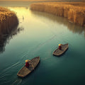 Fishermen on River Mural Wallpaper — Sunset Landscape Scene Mural Wallpaper - room preview 02