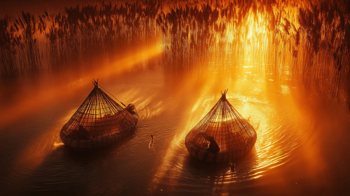 Golden Hour Fishermen Mural Wallpaper —Warm Waterscape Scene Mural Wallpaper - room preview 02