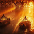 Golden Hour Fishermen Mural Wallpaper —Warm Waterscape Scene Mural Wallpaper - room preview 02