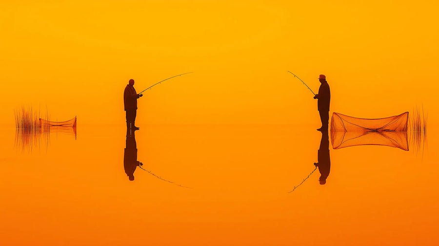 Maximalist Wallpaper Mural – Bold Colorful Wall Mural – Sunset Fishermen Silhouette — Vibrant Artistic Design printable artwork
