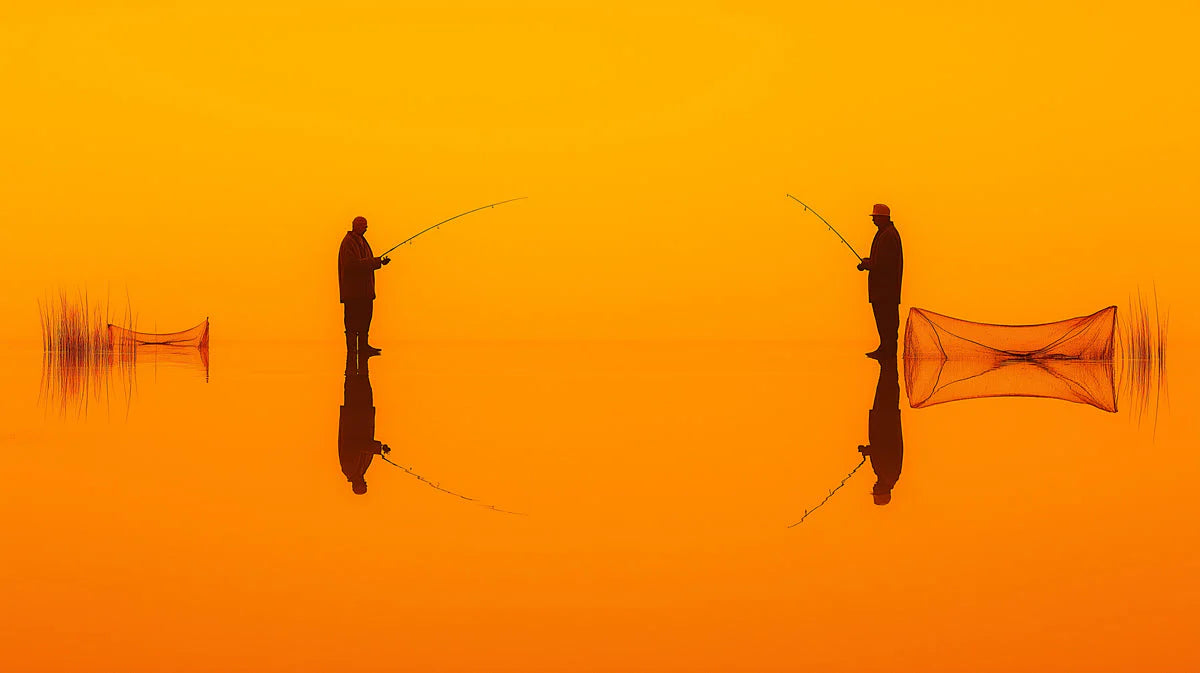 Sunset Fishermen Silhouette Mural Wallpaper — Vibrant Artistic Design Mural Wallpaper - room preview 02