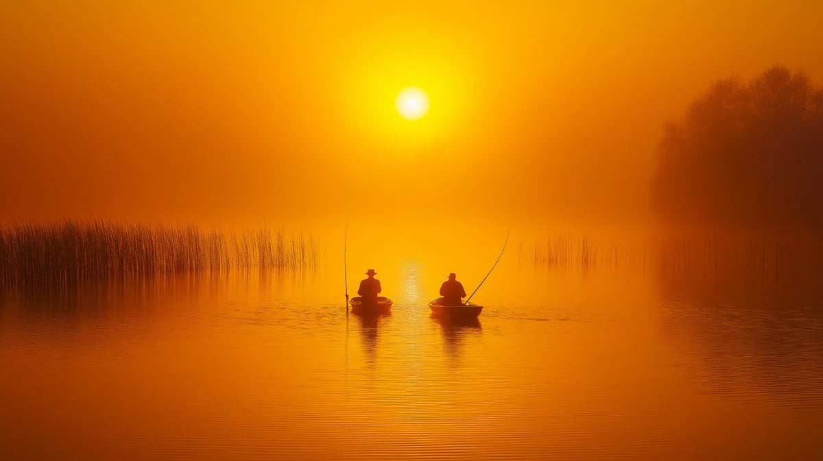 Fishermen at Sunset Mural Wallpaper —Warm Horizon Landscape Mural Wallpaper - room preview 02