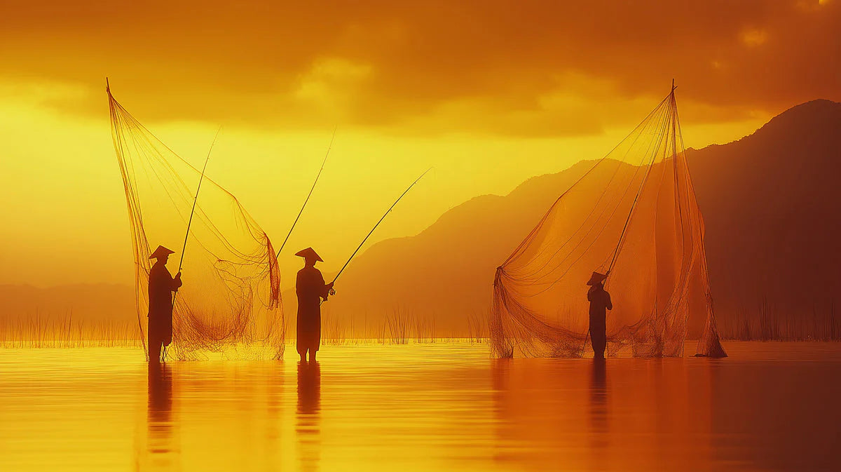 Golden Hour Fishing Village Mural Wallpaper — Warm Coastal Art Mural Wallpaper - room preview 02