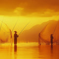 Golden Hour Fishing Village Mural Wallpaper — Warm Coastal Art Mural Wallpaper - room preview 02