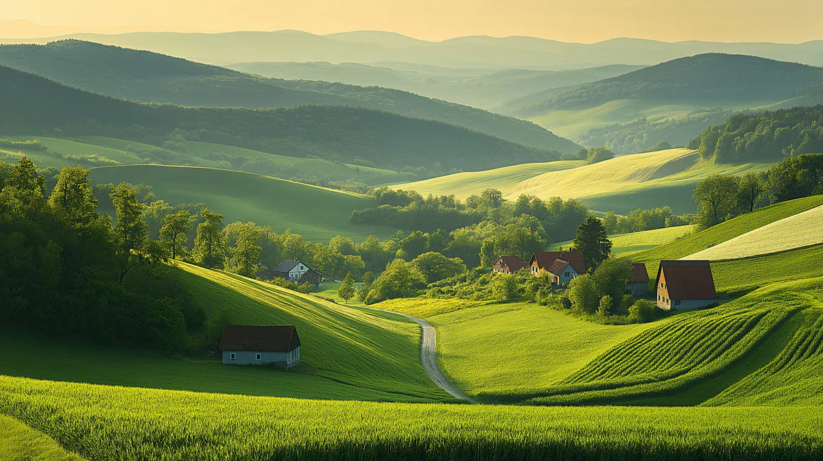 Rolling Hills Countryside Mural Wallpaper — Pastoral Landscape Mural Wallpaper - room preview 02