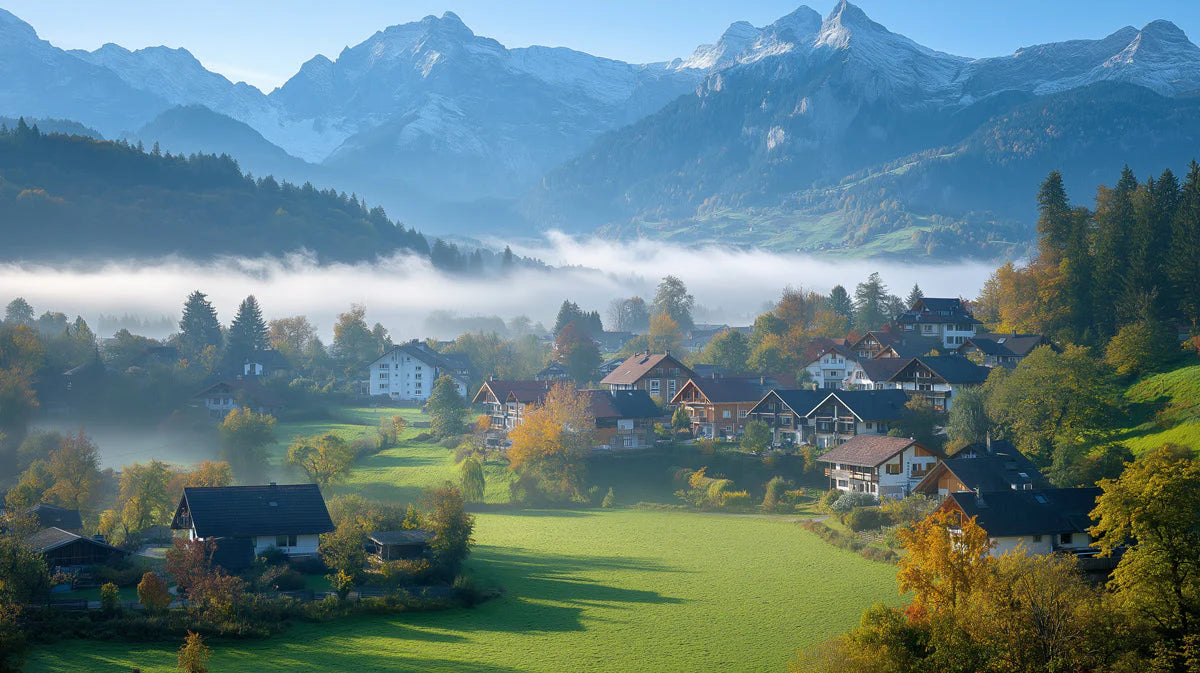 Alpine Mist Mountain Village Mural Wallpaper —Scenic Landscapes Mural Wallpaper - room preview 02