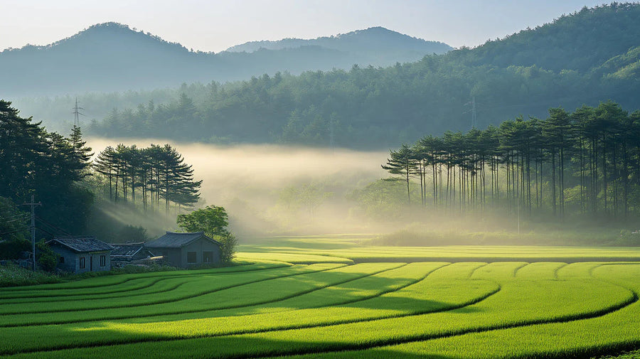 Sunrise Wallpaper Mural – Dawn Wall Mural – Misty Morning Rice Terrace —Landscape Design printable artwork