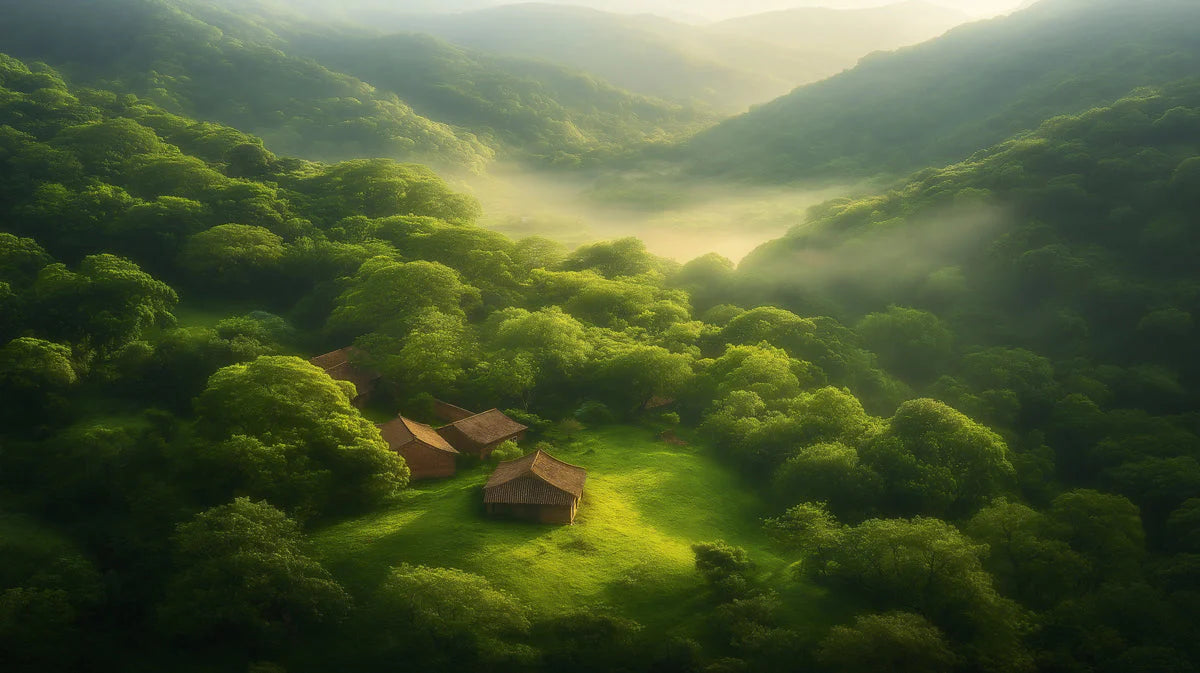 Mist-Covered Valley and Farmhouse Mural Wallpaper - room preview 02