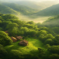 Mist-Covered Valley and Farmhouse Mural Wallpaper - room preview 02