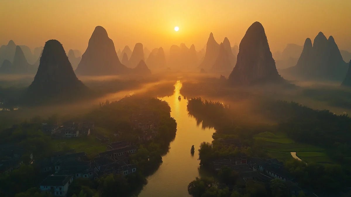 Guilin River Valley Mural Wallpaper — Golden Sunset Landscape Mural Wallpaper - room preview 02