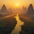 Guilin River Valley Mural Wallpaper — Golden Sunset Landscape Mural Wallpaper - room preview 02