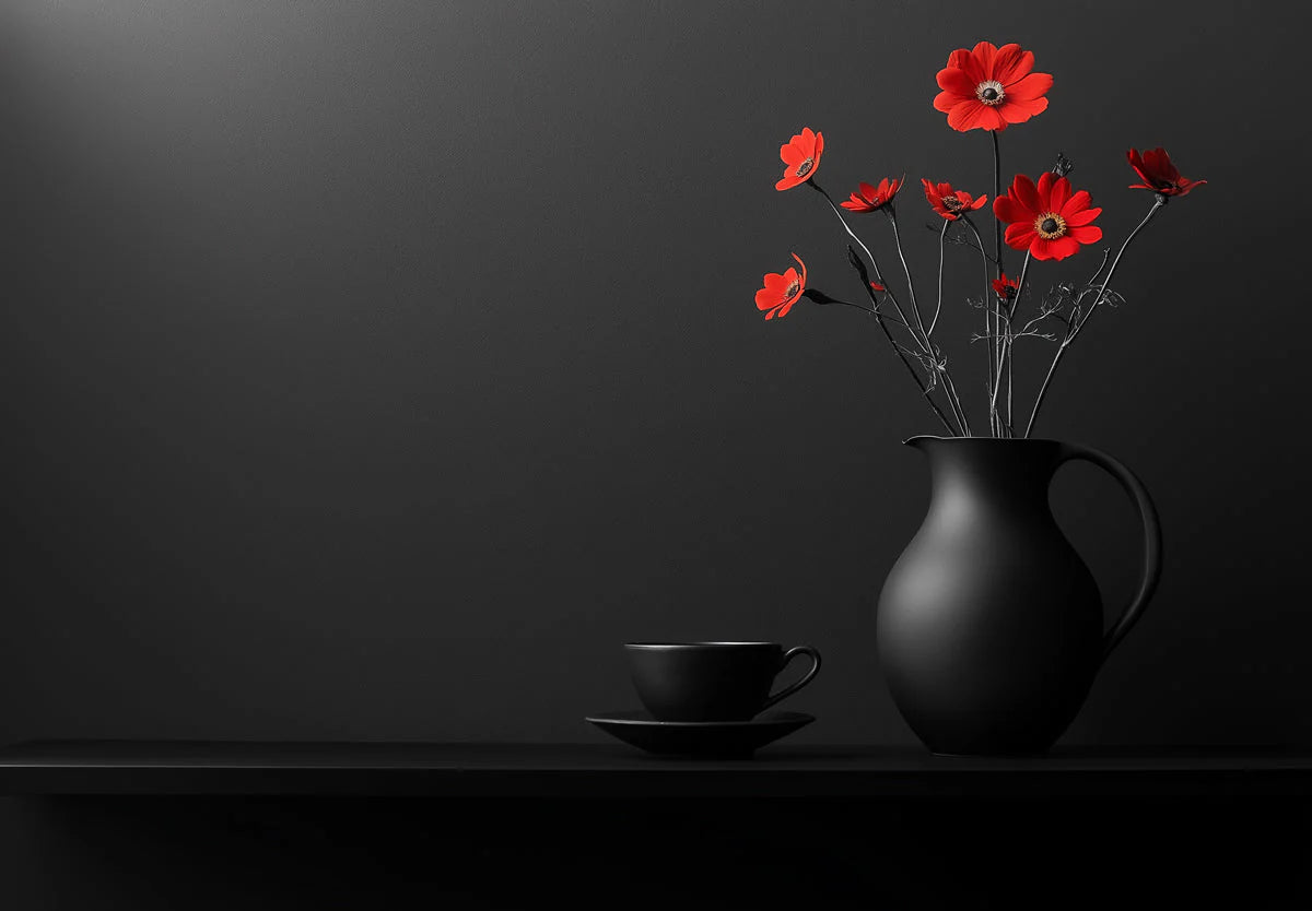 Scarlet Anemone Floral Mural Wallpaper — Minimalist Dark Art Mural Wallpaper - room preview 02