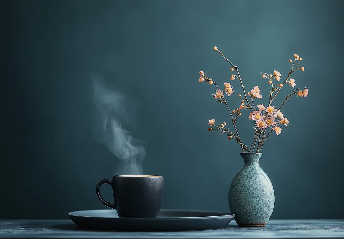 Minimalist Floral Vase Mural Wallpaper — Soft Moody Blue Decor Mural Wallpaper - room preview 02