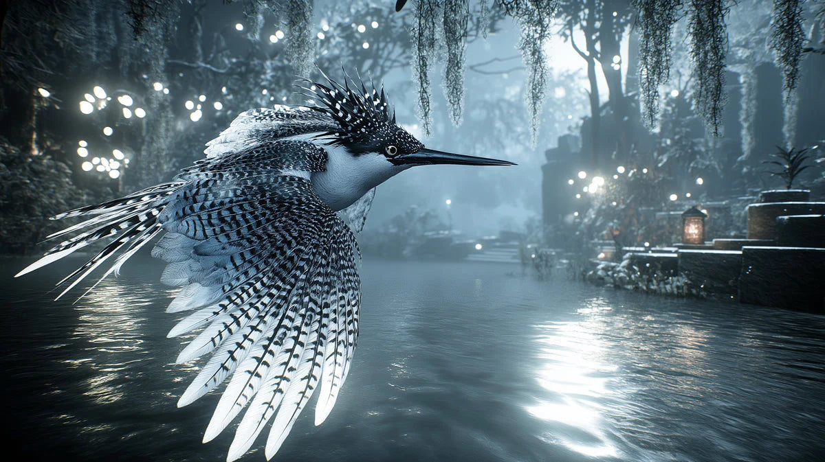 Kingfisher Flight Forest Mural Wallpaper — Moody Nature Design Mural Wallpaper - room preview 02