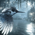 Kingfisher Flight Forest Mural Wallpaper — Moody Nature Design Mural Wallpaper - room preview 02