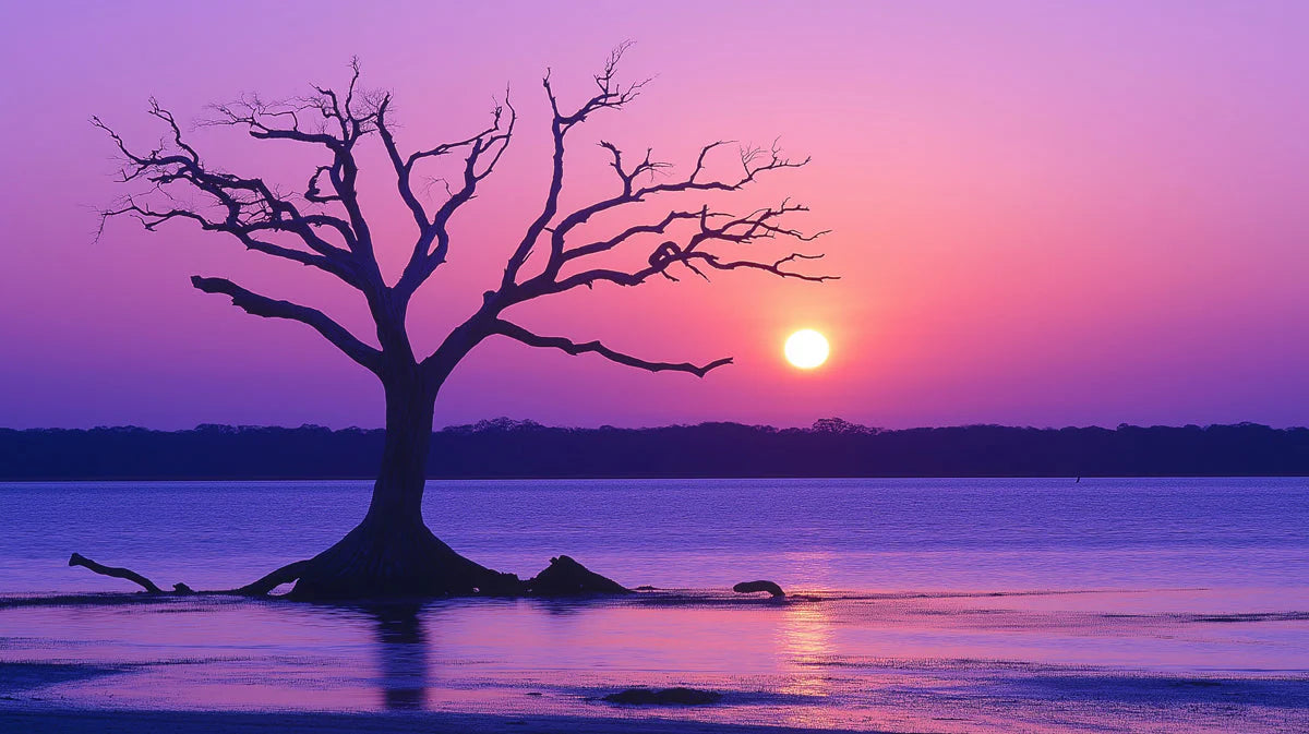 Silhouette Sunset Tree Mural Wallpaper — Ethereal Purple Landscape Mural Wallpaper - room preview 02