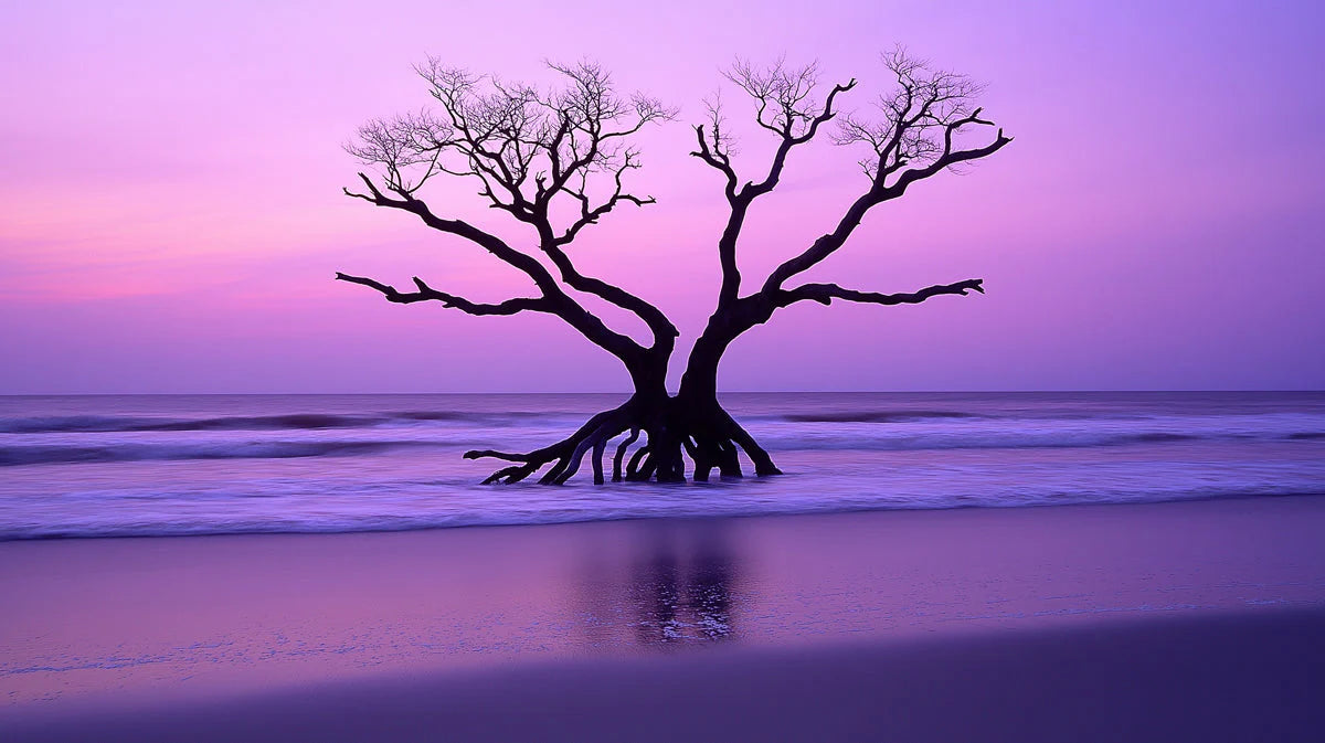 Coastal Sunset Tree Mural Wallpaper — Dreamy Purple Horizon Mural Wallpaper - room preview 02